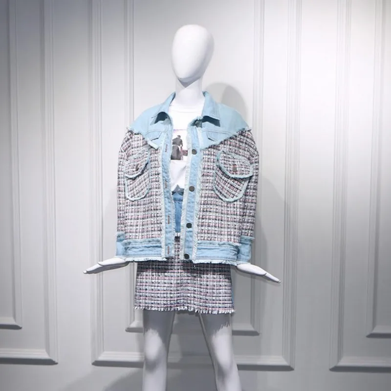 Весенняя Новинка женские модные джинсовые Лоскутные твидовые клетчатые