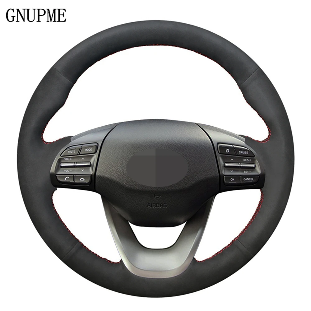 

Hand-stitched DIY Black Genuine Leather Suede Car Steering Wheel Cover For Hyundai Kona 2017 2018 2019