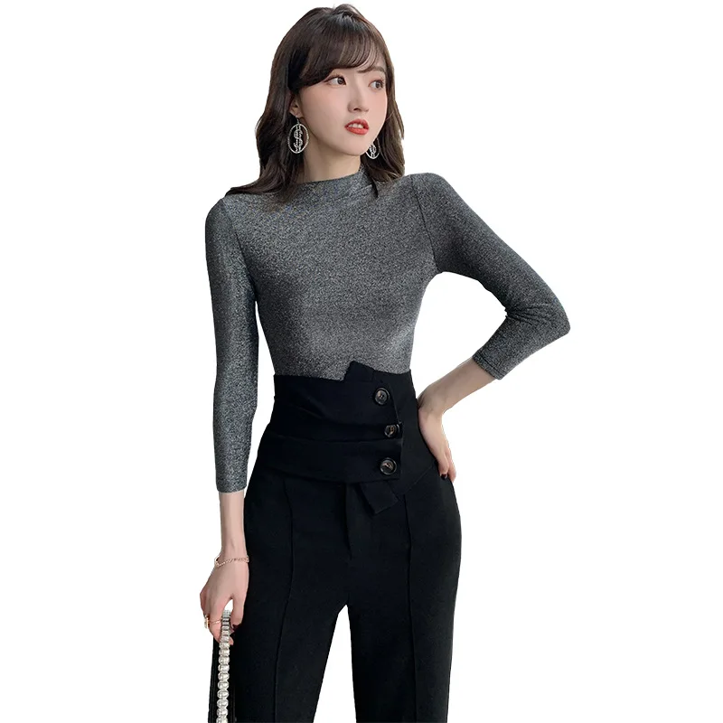 

Runway Designer Fashion Korean Style 2 Piece Set Ladies Bright Silk Blouse and Black Slim Pants Woman Fashion Fall Two Piece Set