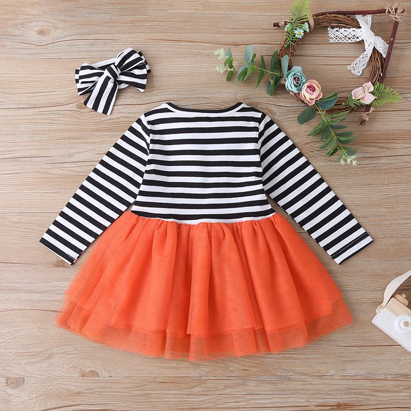 Summer 2020 Girls Dress Cute Long Sleeve O Neck Print Pumpkin Head Striped Vestidos 12M-5T | Детская одежда и обувь