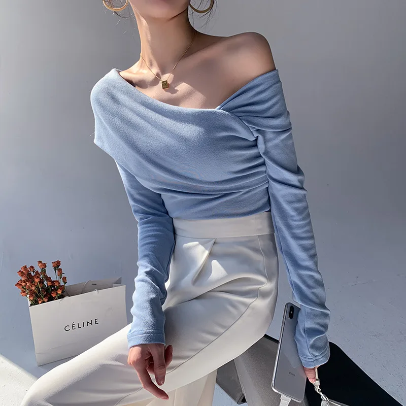 

Womens Blue Off-the-shoulder Long Sleeved Slim Base Shirt Irregular Knit Top