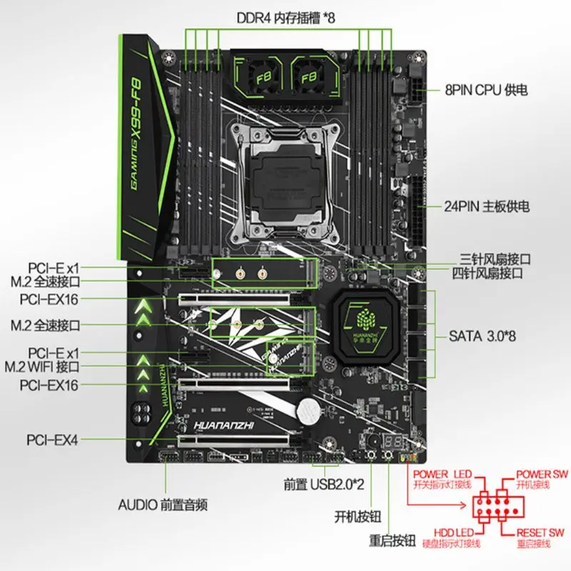 

HUANANZHI X99-F8 Gaming Motherboard for In-tel X99 LGA2011-3 All Series DDR4 RECC 128GB M.2 NVME USB3.0 Server