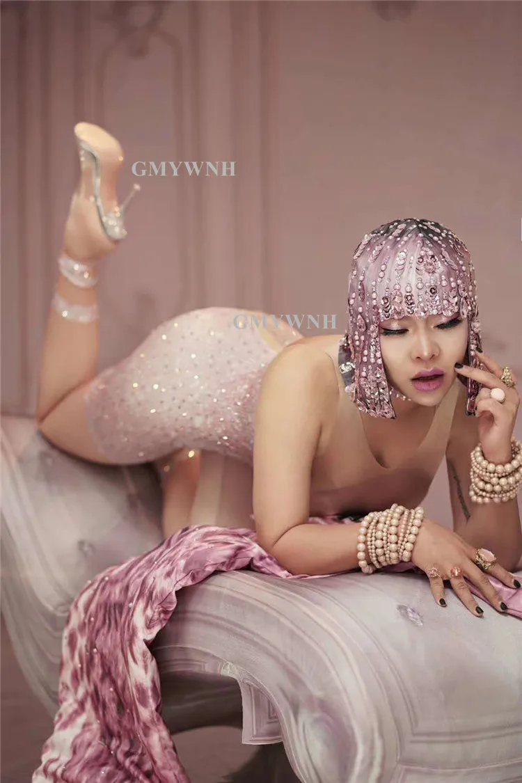 Женское боди для танцев Стразы T65 розовое костюм певицы с кристаллами одежда