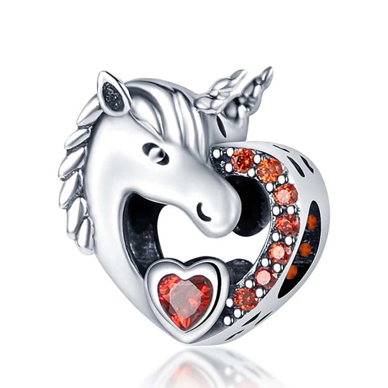 

925 Sterling Silver Charm Heart Unicorn Beads fit Original Pandora Bracelet Fine Silver Jewelry Making DIY Gift
