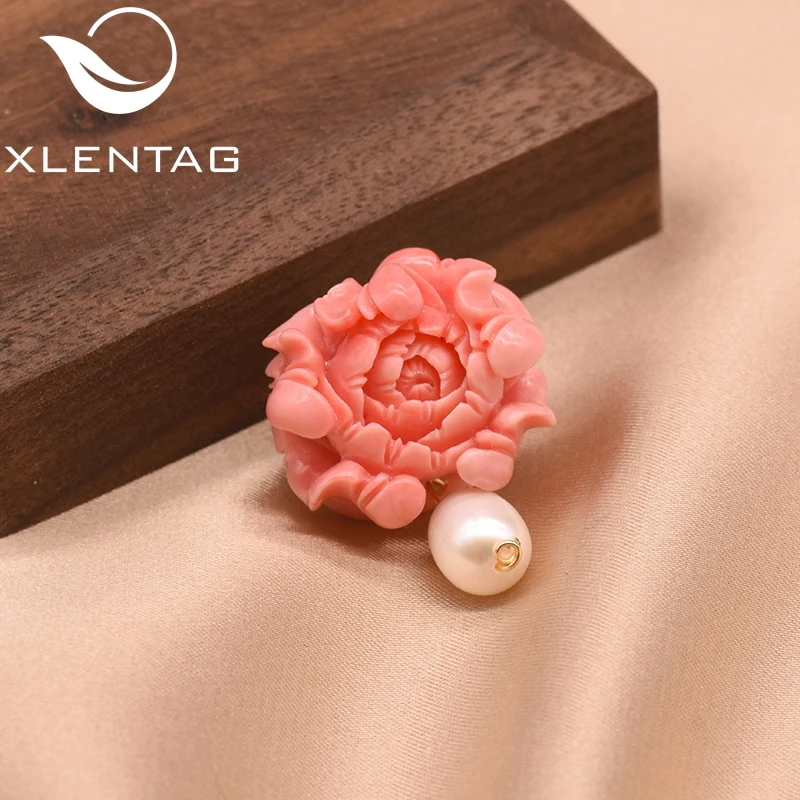 

XlentAg Pride Handmade Red Coral Flower Brooch Ladies Accessories Natural Pearl Pendant Engagement Party Gift Jewelry GO0352B
