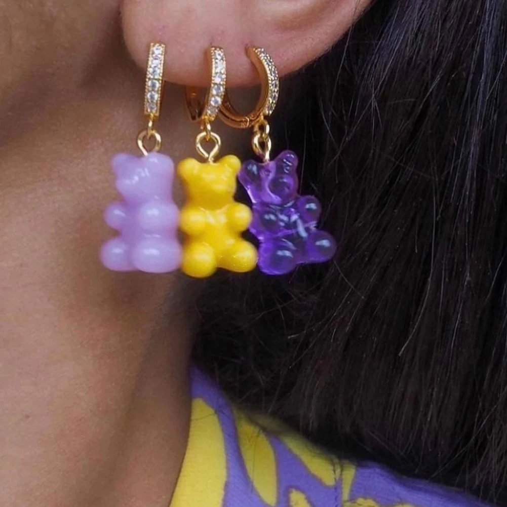 

Fashion New Candy Color Gummy Bear Bling Rhinestone Dangle Earrings For Women Cute Jelly Bear Cartoon Earrings Birthday Jewelry