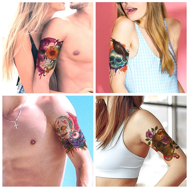 

Halloween Skull Flower Arm Tattoo Sticker Big Picture Half Arm Pumpkin Decoration Waterproof Flower Arm Tattoo Sticker