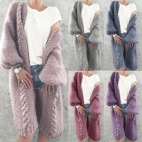 women cardigan knitted woolen sweater winter long puff sleeve knitted sweater cardigan solid color long capes woman coat top