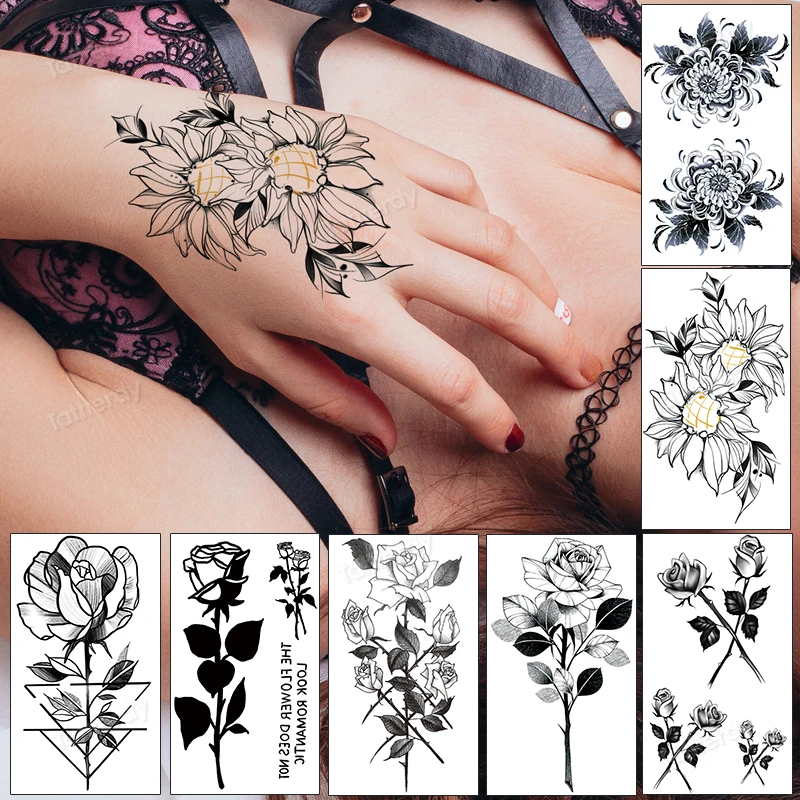 

Временные тату-наклейки для мужчин и женщин, водостойкая имитация татуировки, цветы, роза, Луна, Бабочка, переводка воды, боди-арт, ручной рук...
