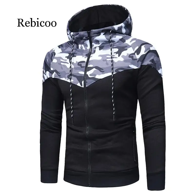 

2019 new classic camouflage stitching men's casual slim zipper hoodie