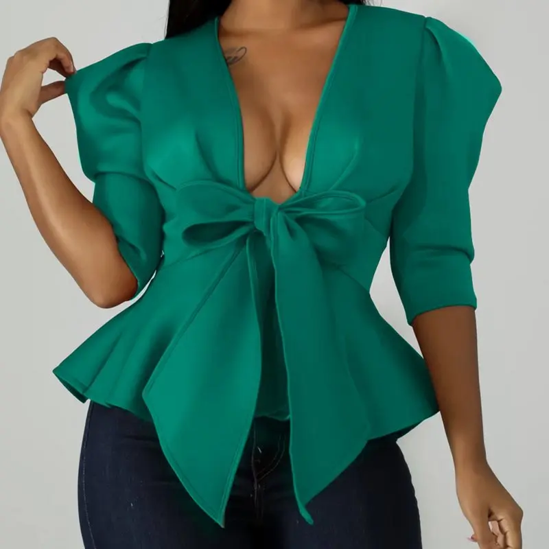 Блузка женская с V образным вырезом пикантный топ пышными рукавами баской бантом