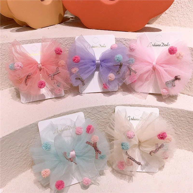 

2021 New Korean Fashion Children's Hairpins Headdress Sweet Girl Princess Colorful Yarn Ball Bow Duckbill Clip Hair Accessories