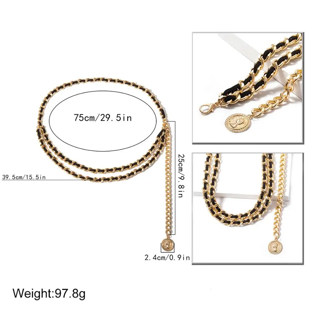 

Lacteo Punk Hip Hop Carved Coin Pendant Waist Chain Women Fashion Korea flannel Alloy Long Charm Waist Chain Female Body Jewelry