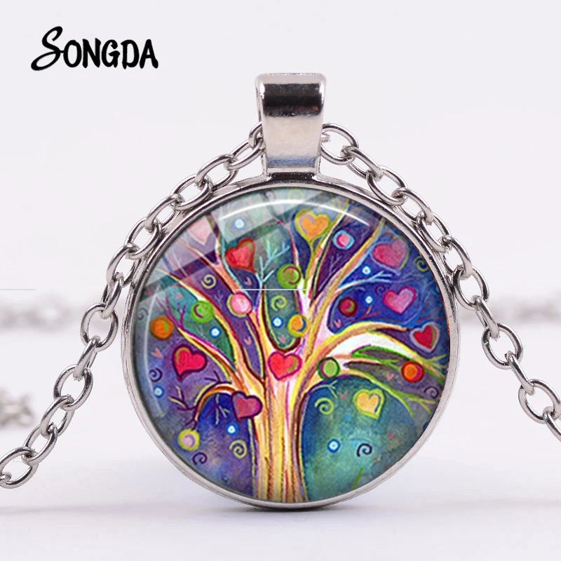 Древо жизни ожерелье Цвет Фул стеклянный купол кулон ручной работы подарки