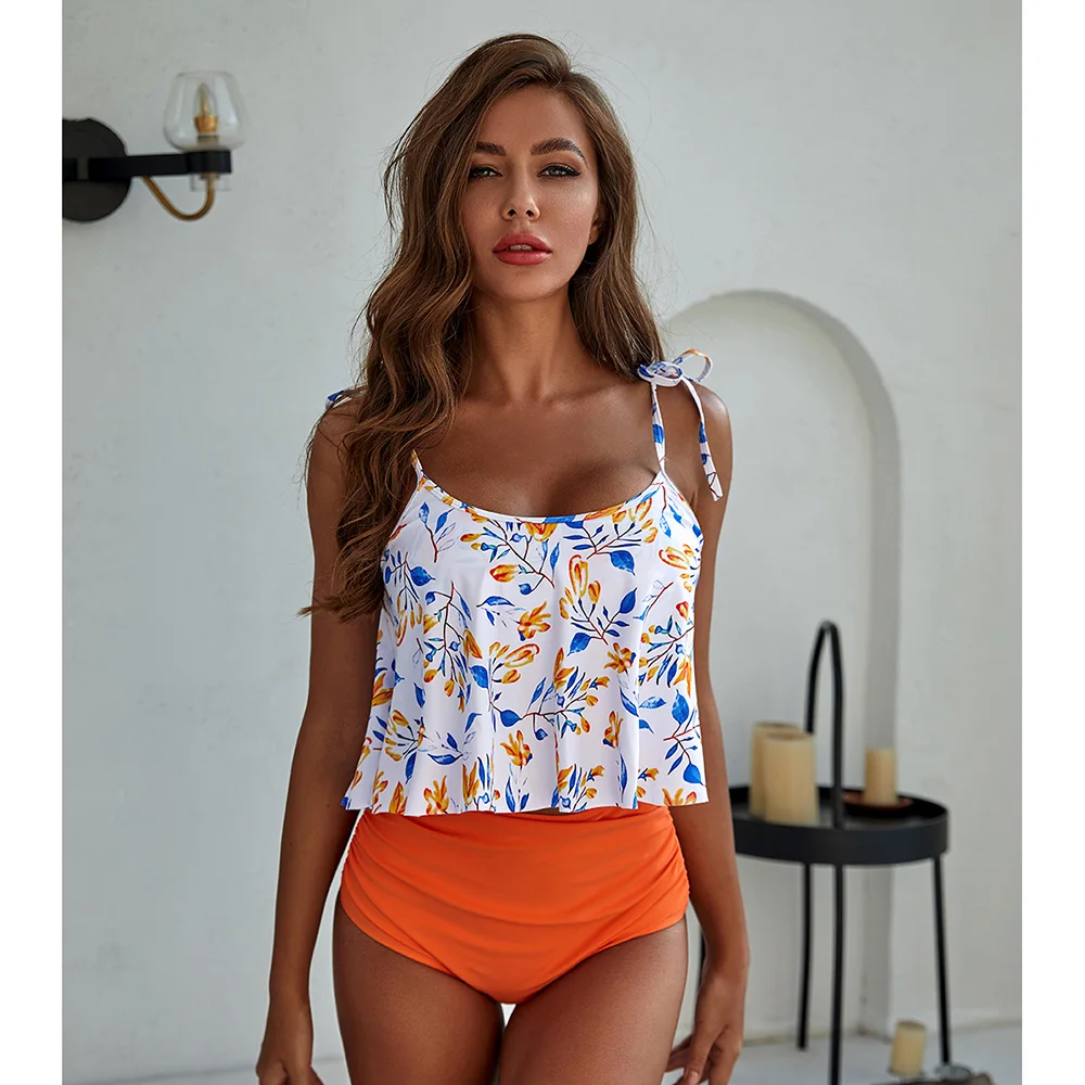 

Sexy High Waist Bikini 2020 Print Swimwear Women Swimsuit Plus Size Bathing Suits Retro Tankini Flounce String Beach Wear