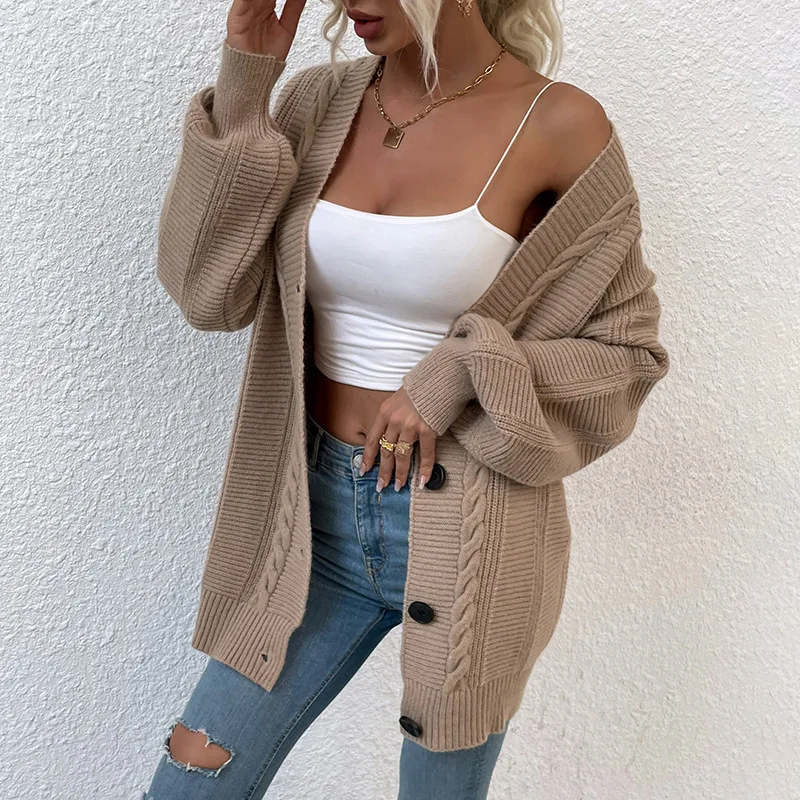 

Donsignet Fashion Women's Sweater Autumn Casual Hot Sale V-neck Single-breasted Cardigan Twist Solid Color Loose Knit Sweater