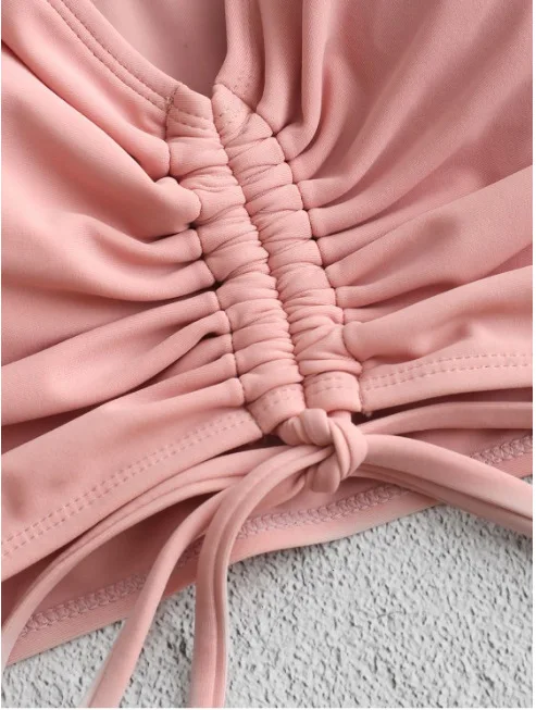 

2021 New High-Waist Bikini Sets Swimsuit Women Sexy Lace Up Two Pieces Swimwear Beach Bathing Suits Ruffle Solid Pink