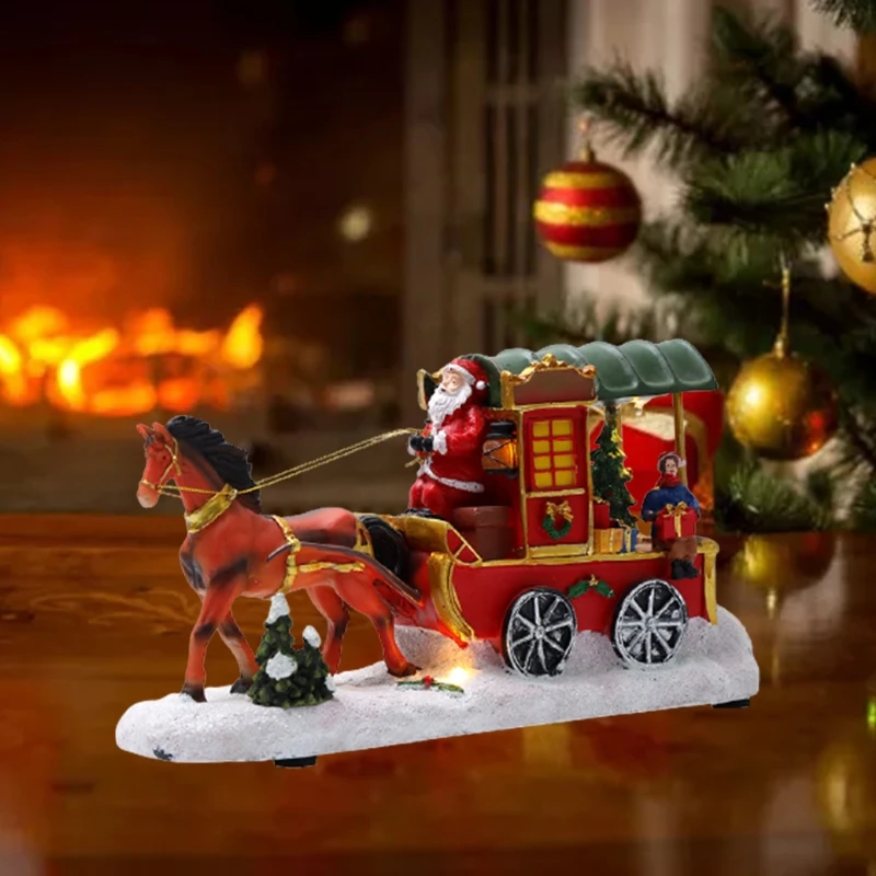 

M17D Christmas Horse Carriage Snow Scene Resin Ornament Musical Animated LED Lighted Santa Claus Village Landscape Xmas Holiday