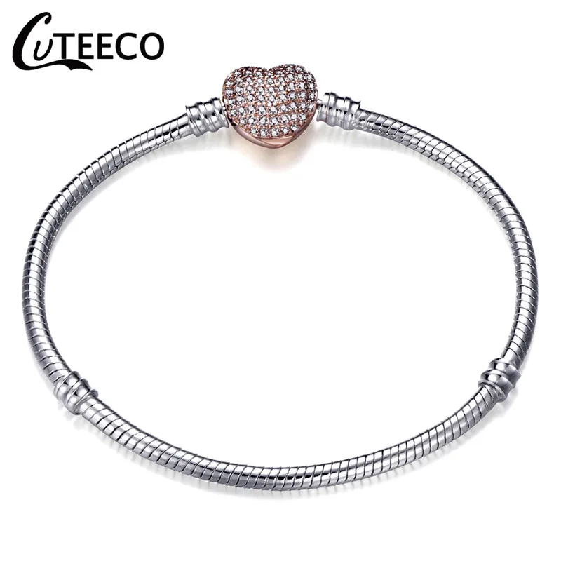 AJ3084 CUTEECO, высокое качество, серебряный, розовый, золотой цвет, очаровательный браслет, европейская модная цепочка-змейка, браслет в виде сердца для женщин, ювелирное изделие - Окраска металла: AJ3084