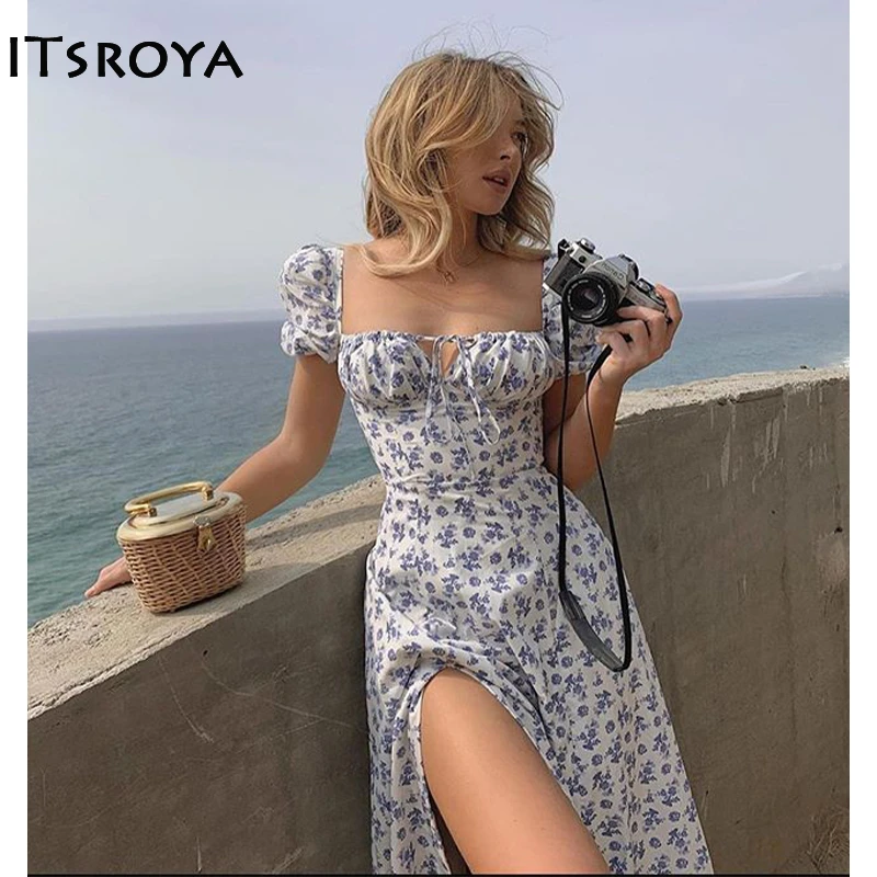 ITSROYA/элегантное платье миди с разрезом и принтом Плиссированное короткими