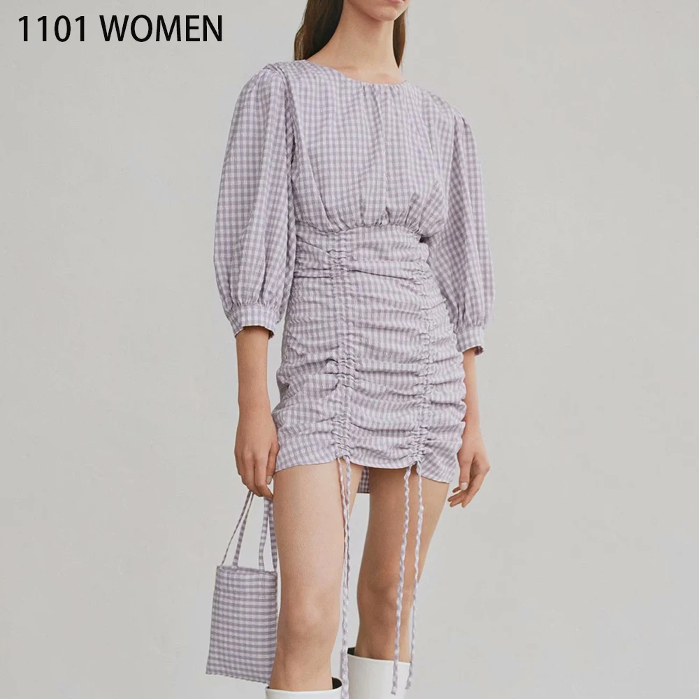 2020 Новое весеннее женское фиолетовое белое клетчатое плиссированное платье выше