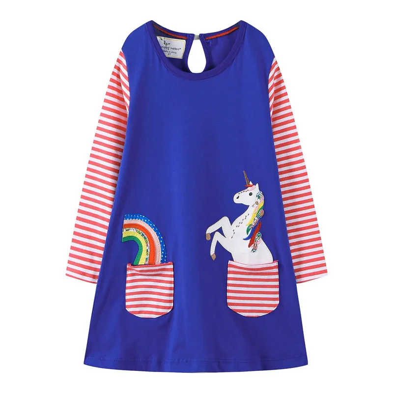 T7771 UNICORN Jumping/Одежда для маленьких девочек; платья принцессы с аппликацией; туника с длинными рукавами; платья для маленьких девочек; хлопковые детские платья с изображением животных; одежда - Цвет: T7771 UNICORN