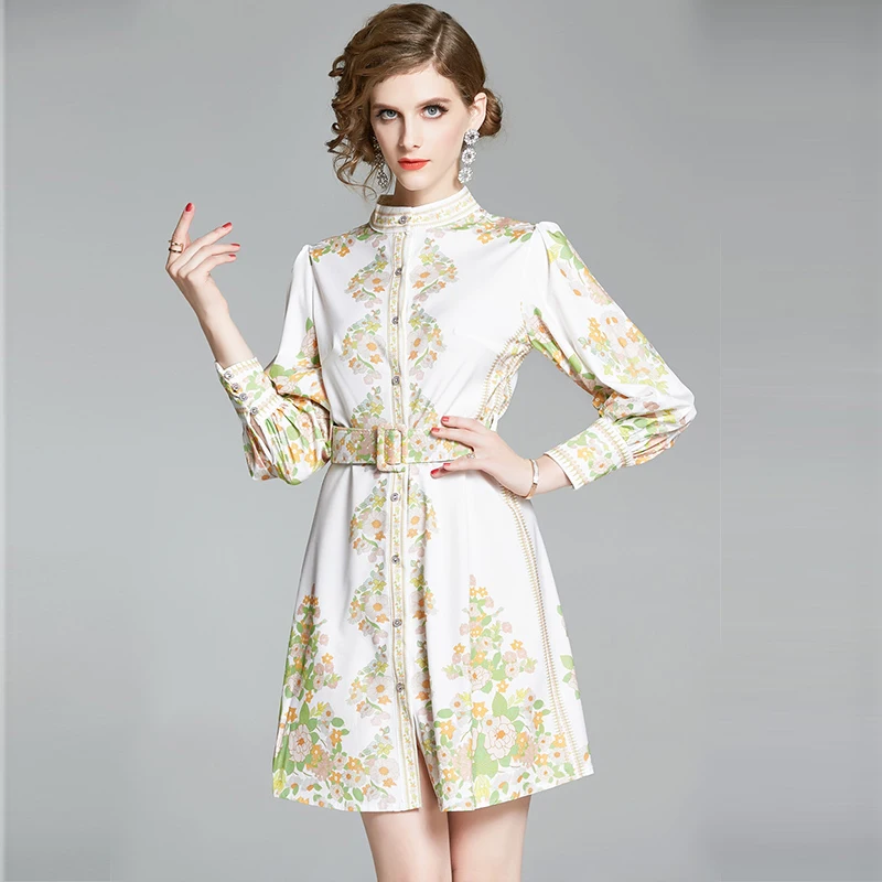 

the new women's court wind broken flower of tall waist with long sleeve shirt long dress to film in the round collar