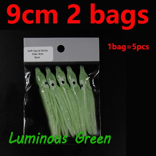 2bags 9cm green lumo 2 сумки 5 см 9 см мягкий Кальмар юбки светящиеся пластиковые осьминог приманка для соленой воды искусственная приманка для рыбалки разноцветные Lumo розовый синий оранжевый - Цвет: 2bags 9cm green lumo