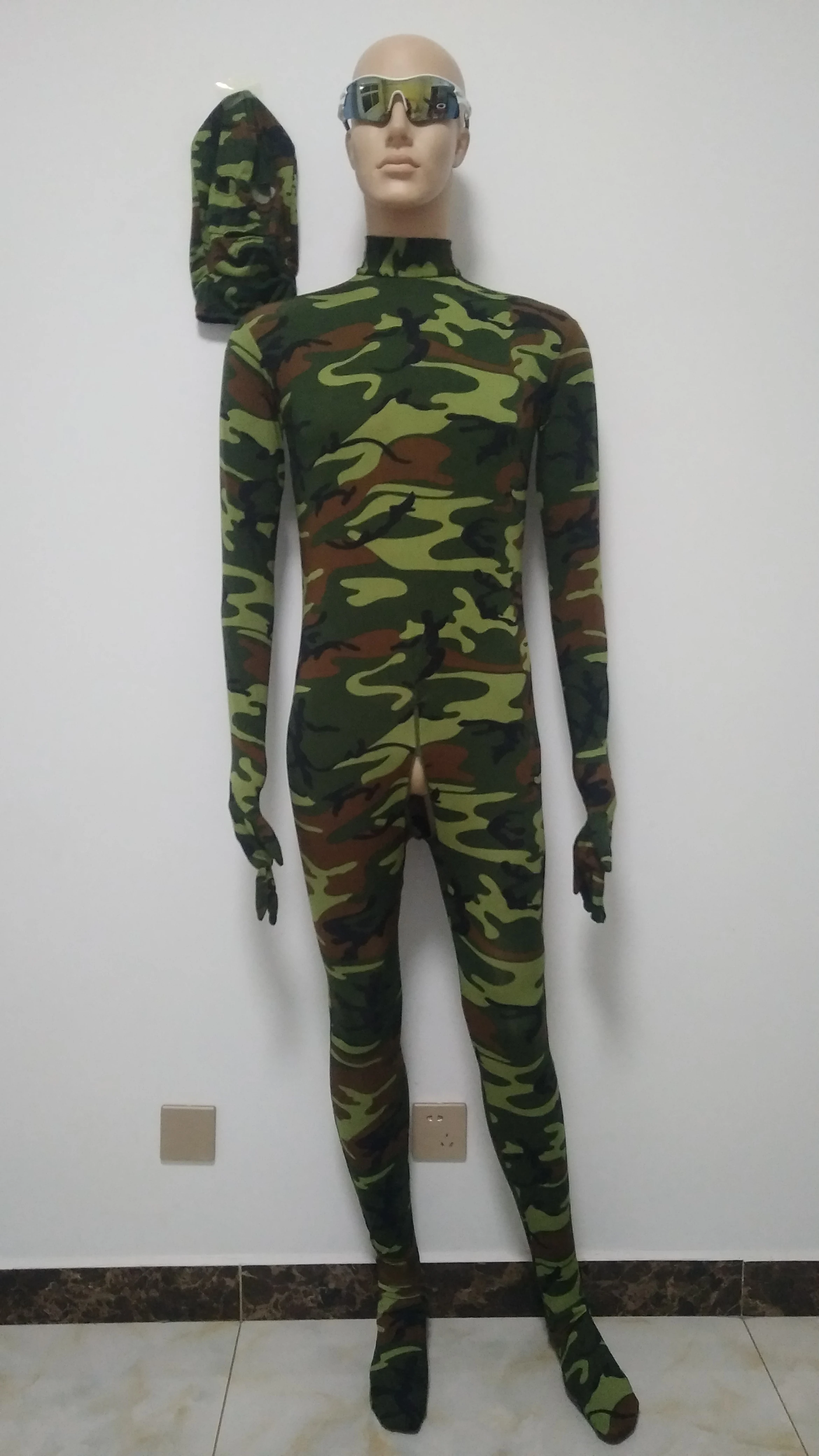 Halloween cosplay costume animal army green tights jumpsuit spandex Bodysuit Zentai Suit removable hood open mouth eyes |