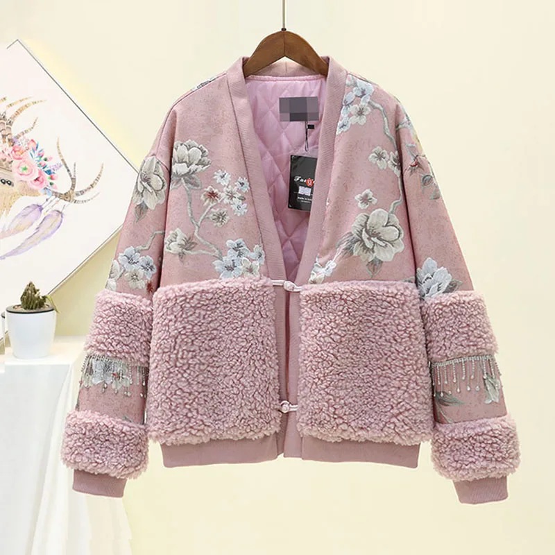 Зима 2019 модная короткая бейсбольная куртка из овечьей шерсти с вышивкой