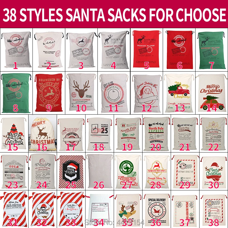 Saco grande de Pap&aacute; Noel para Navidad, bolsa de lona con cord&oacute;n, 38 estilos, regalo para ni&ntilde;os, venta al por mayor, 50 unids/lote-1