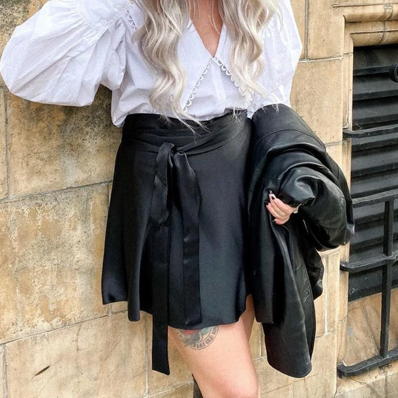 

Waatfaak Vintage Satin White Skirt Women Short Lace Up Korean Summer Mini Skirt Wrap Harajuku Casual High Waist A Line Skirts
