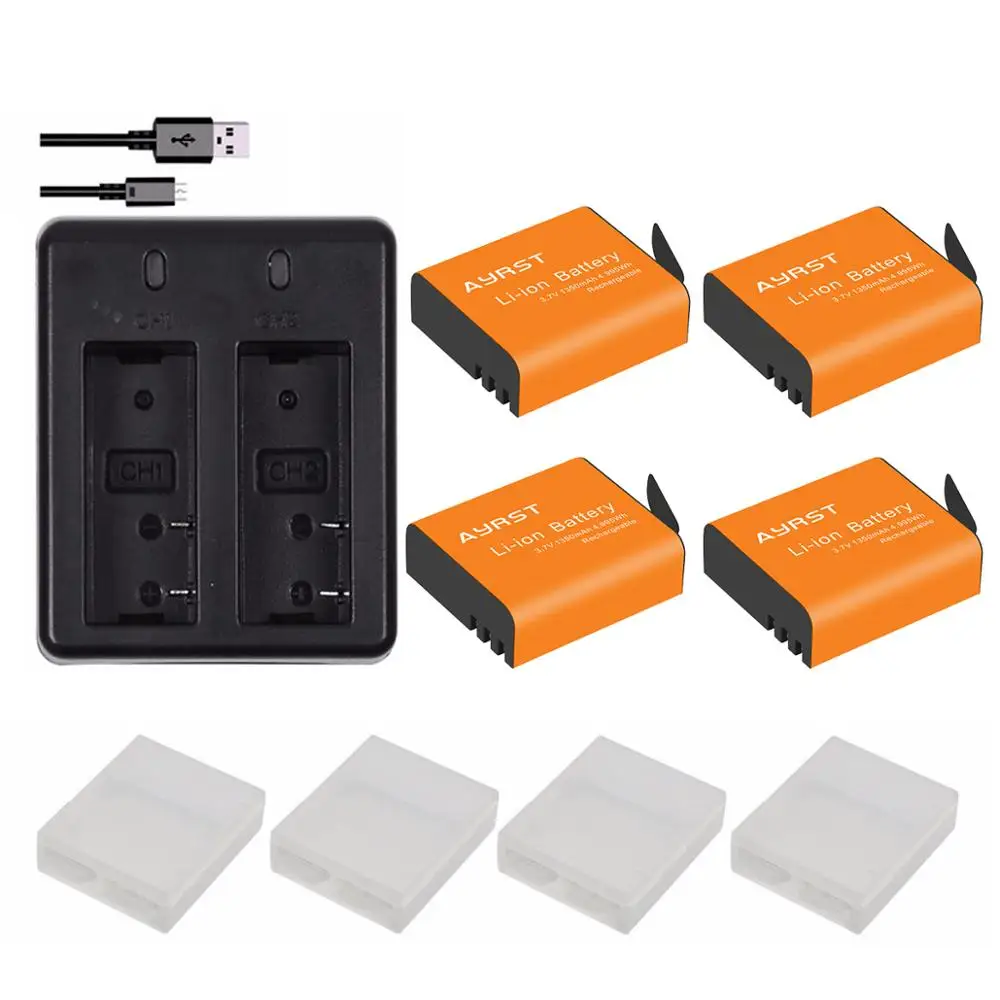 

4pcs 1350mAh PG1050 SJ4000 PG900 battery + USB Dual charger For SJCAM SJ5000 SJ6000 SJ8000 M10 EKEN 4K H8 H9 GIT-LB101 batteries