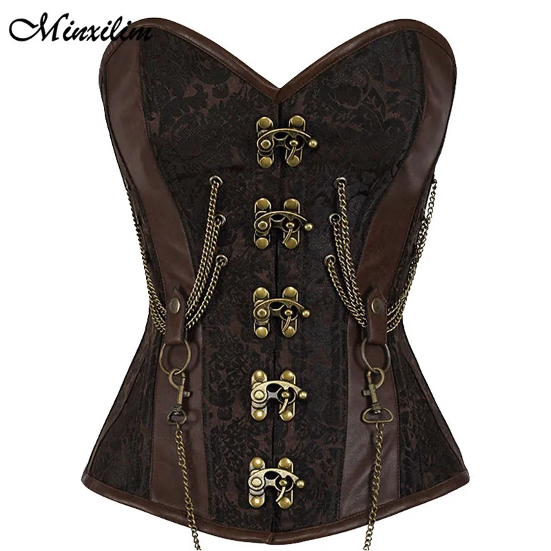 Minxilim Steel Boned Corsets Overbust Retro Corset Tops Women Steampunk Brown Vintage Gothic Bodice S-2XL Festival Clothing | Женская