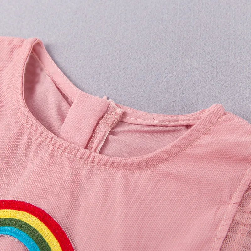 Pink Princess Girl Dress Rainbow Lace Flying Sleeve Kids Party Children Clothing 2020 New Teen Girls Clothes Dresses | Детская одежда и