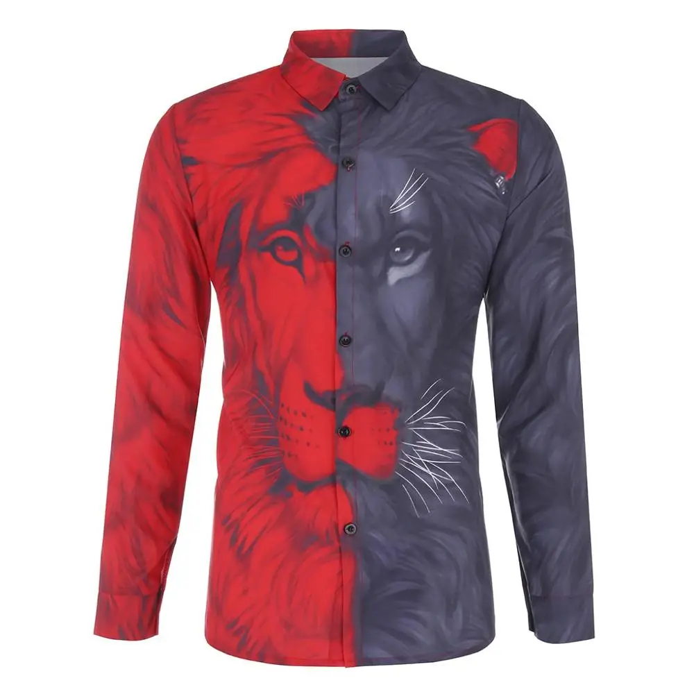 2020 New Men Women Fashion Lion Printed Long Sleeve Shirts Novelty Print Shirt Top Blouse Streetwear Camisa Hombre Casual Shits | Мужская