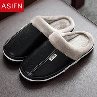 asifn home winter pu leather slippers men waterproof indoor non slip soft bottom house warm indoor big size male fur slippers