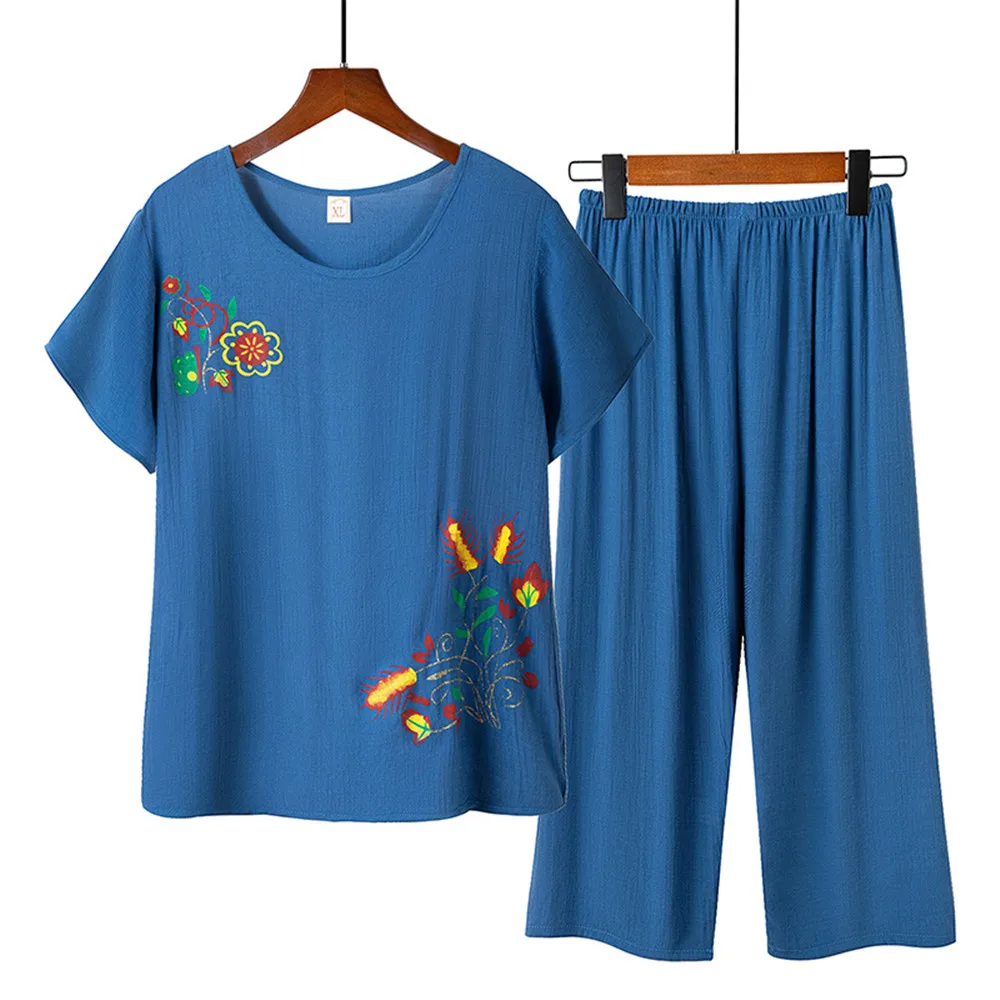 Fdfklak Large Size Cotton Linen Ladies Homewear Pyjamas XL-4XL Loose Home Clothes Set Short Sleeves MomSleepwear For Summer