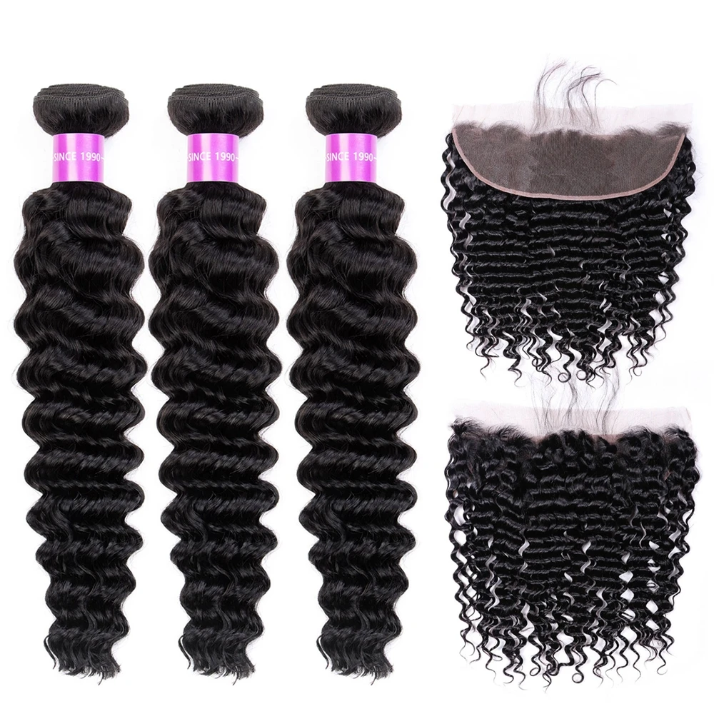 Бразильские глубокая волна 3 пучка с фронтальным кружевом Закрытие Remy 100%