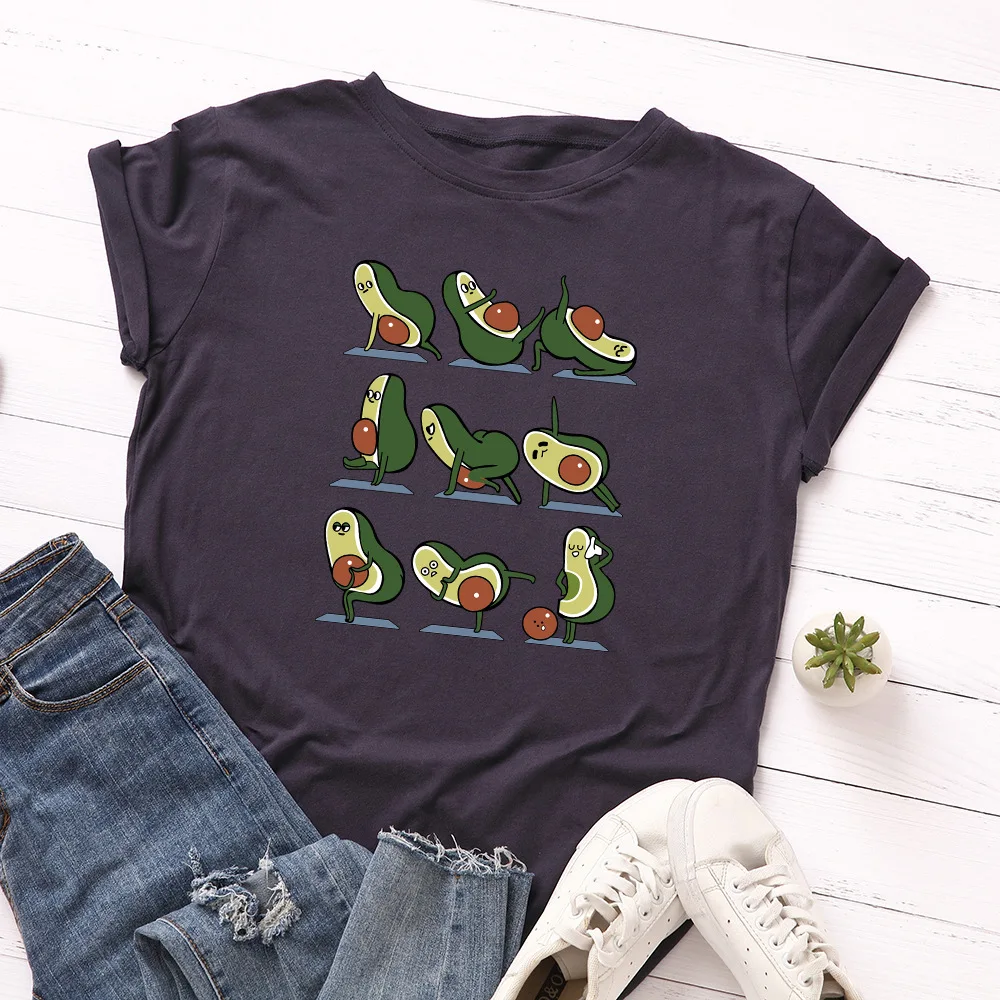 

Summer Plus Size Women Cartoon Avocado Print Woman Tshirts 100%Cotton O Neck Short Sleeve Tees Women T-Shirt Black Tops