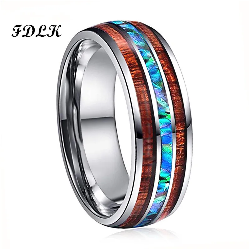 

FDLK Hot Sale Wood Inlay Rings for Men 8 MM Width Shell Stainless Steel Ring Fashion Male Jewelry Party Accessories