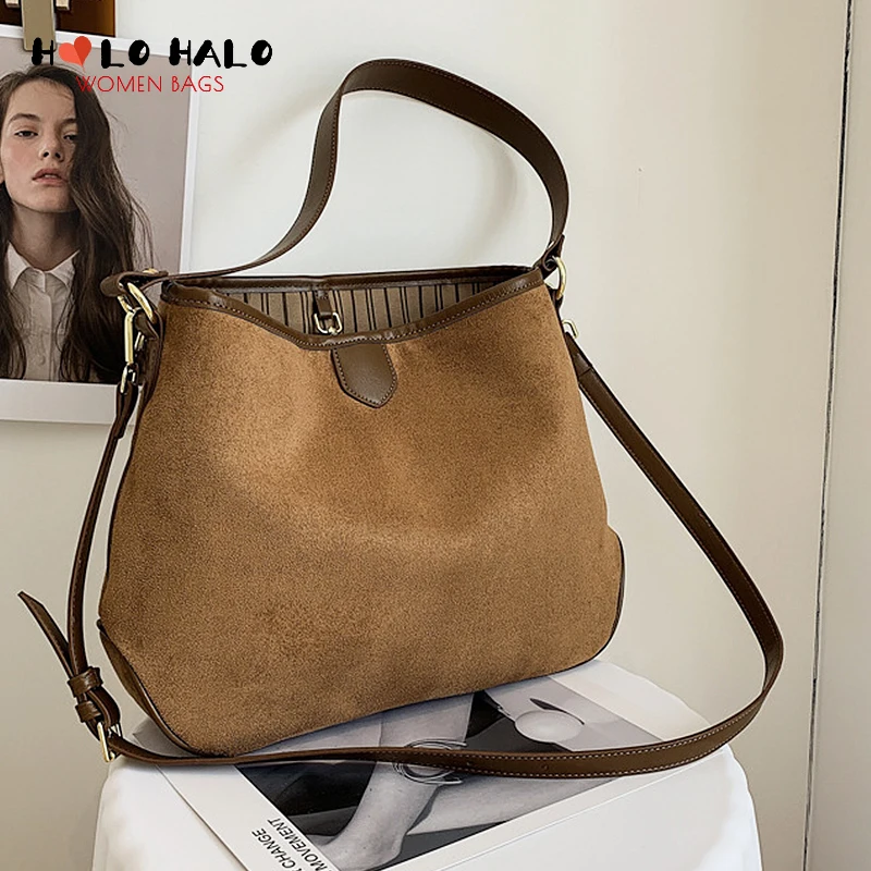

Retro Female Suede Crossbody Bags Fashion Purses and Handbags Simple Solid Color Leather PU Shoulder Bags High Capacity Bag 2021