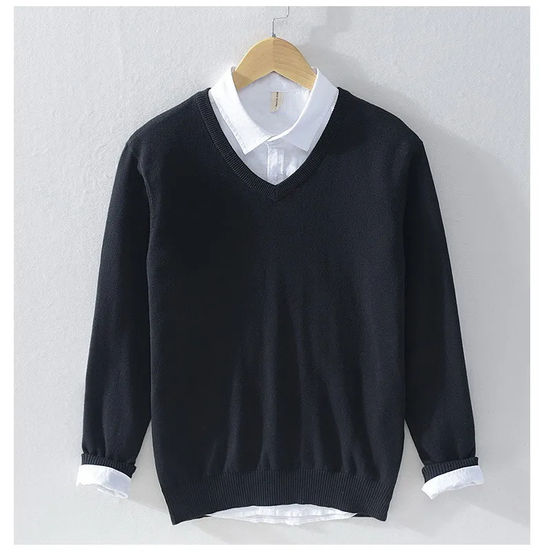 Мужской вязаный свитер с длинным рукавом брендовый Однотонный из 100% хлопка