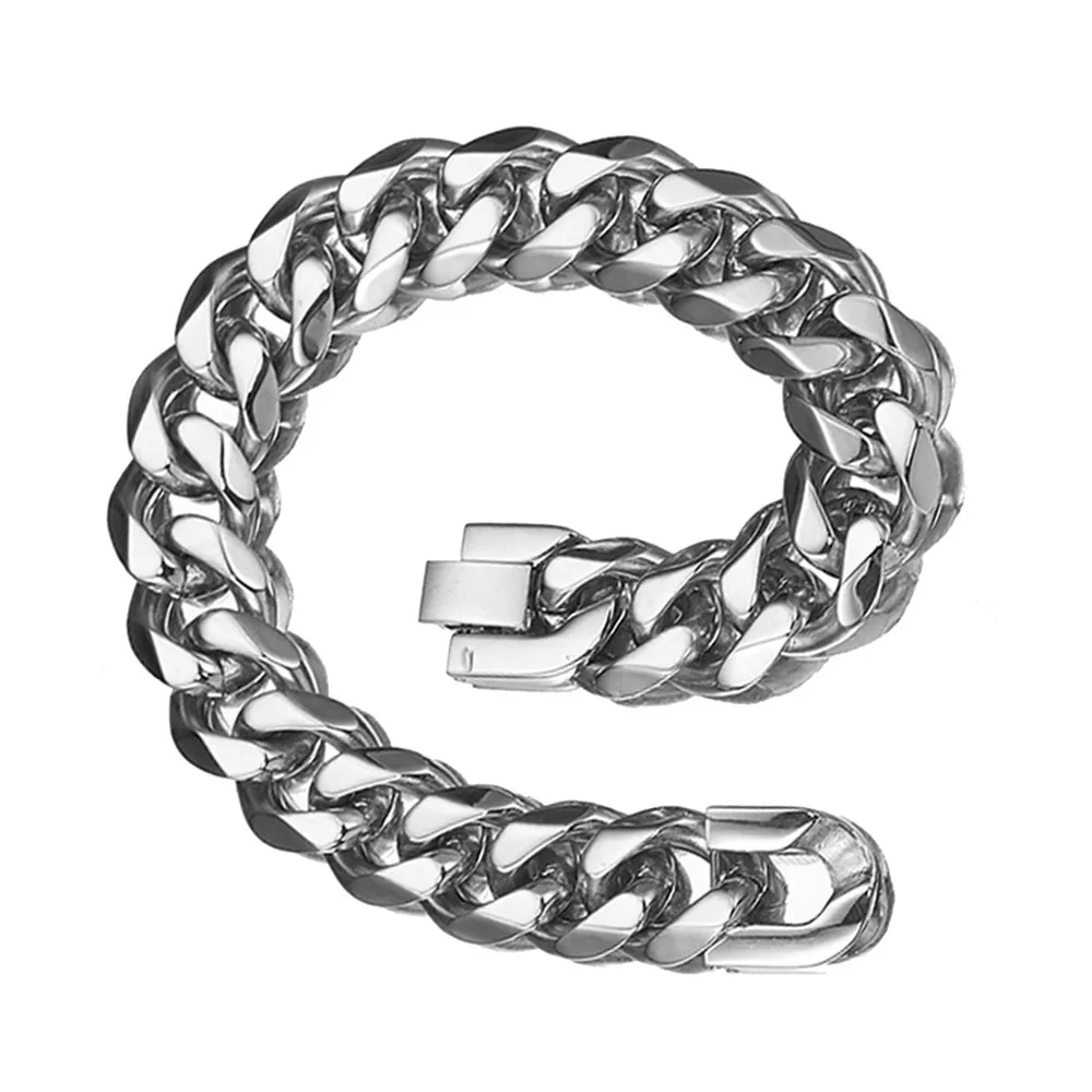 

15MM Fashion Men Bracelet Rock Stainless Steel Bold Cuban Chain Polished Steel Color Hip Hop Trendy Couple Jewelry