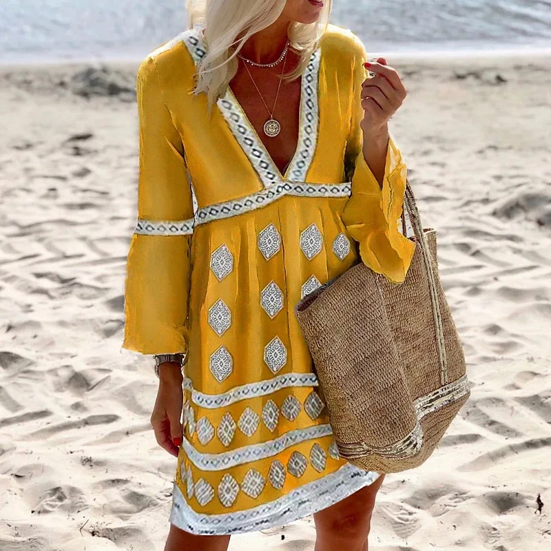 

Women Boho Loose Beach Dress Casual Sexy Long Sleeve V-Neck Printed Dress Elegant Vintage Plus Size Party Club Dresses Vestidos