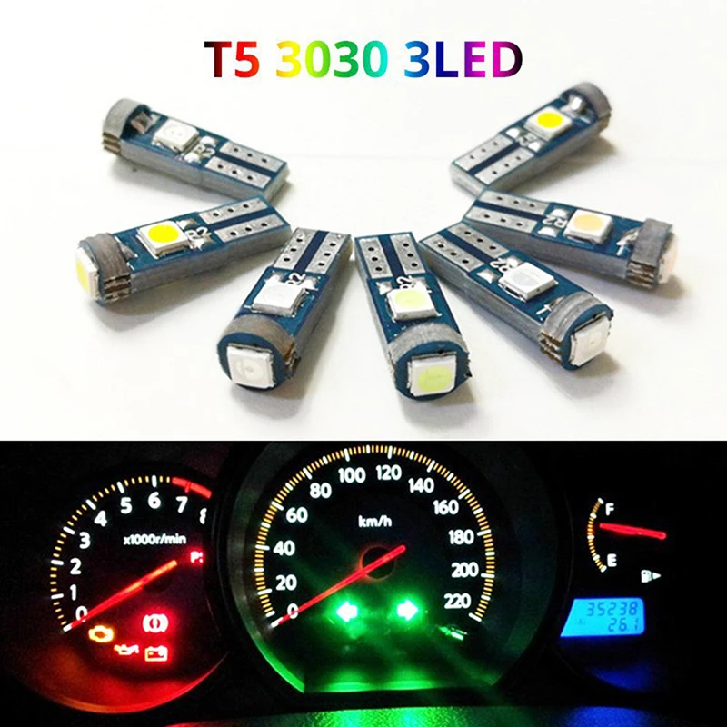 

10Pcs T5 W1.2W W3W 74 86 206 Super Bright 3 SMD 3030 LED Bulb Car Interior Light Auto Side Wedge Dashboard Gauge Instrument Lamp