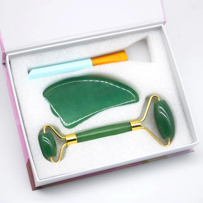 

NEW Green Aventurine Jade Roller Face Massage Gua Sha Board Set Facial Skin Care Treatment SPA Stone Anti Wrinkle Massager Tool
