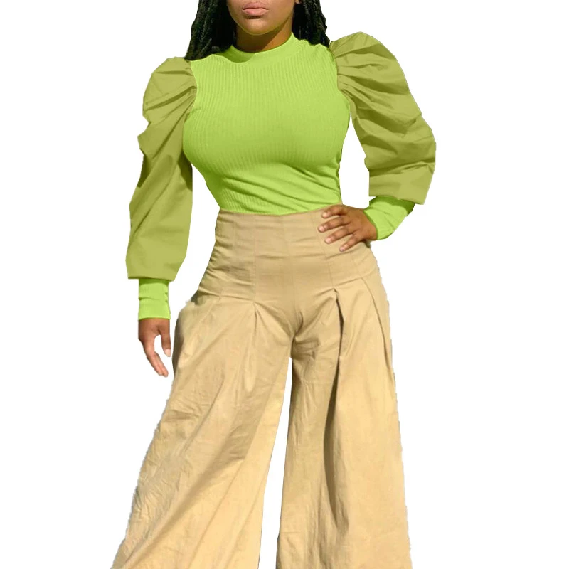 Fluorescent green Вязаная женская футболка с длинным рукавом и фонариком, элегантная Осенняя Однотонная футболка, женская одежда, футболки, топы Harajuku SJ4827V - Цвет: Fluorescent green