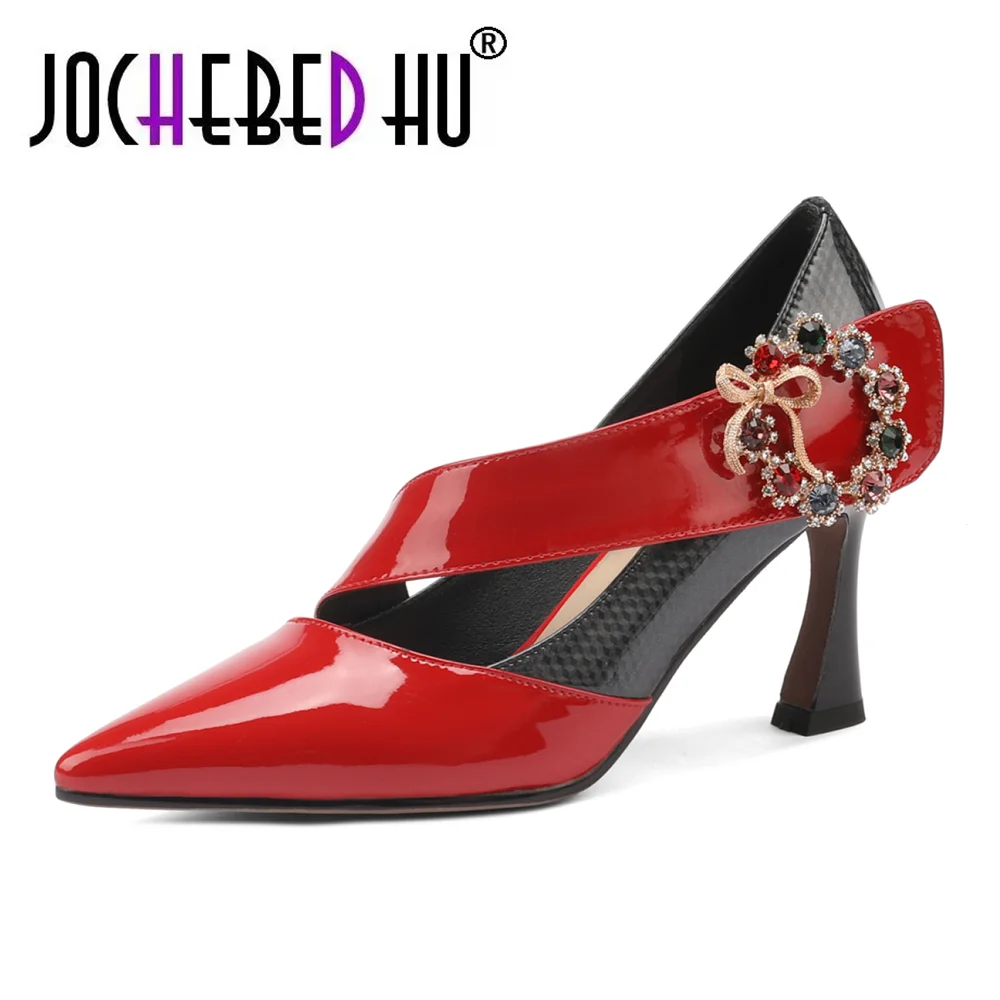 

【JOCHEBED HU】2022Fashion Summer Thin Heel Women Pumps Patent Leather Pointed Toe Crystal High Heel Shoes Red Patchwork 33-40
