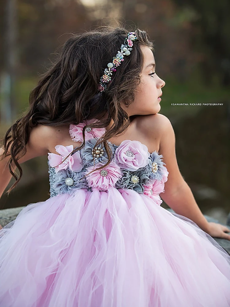 Pink and Grey Flower Girl Tutu Dress Wedding Tulle Girls Dresses Robe Demoiselle Rose Kids Clothes | Детская одежда и обувь